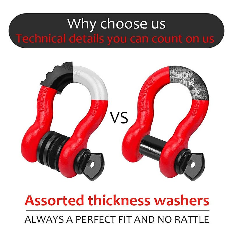 AUTOBOTS Shackles 3/4" (2 Pack), D Ring Shackles 45,000Ib Max Break Strength with 7/8" Pin & Isolator Washers Heavy Duty Clevis Shackle for Tow Strap Jeep Vehicle Off Road Recovery Red-Black - Image 4